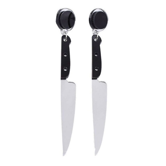 Spooky Silver Knife Earrings Creepy Goth Halloween Cosplay Statement Jewelry - Picture 1 of 11